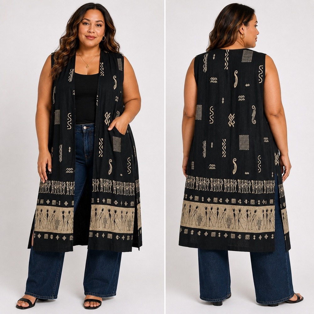 Vintage Teddi Woman Black Tribal Print Longline Vest Duster Open Front 90s XL 2X